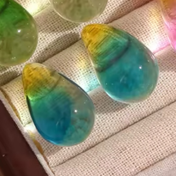 ◾️Transparent BlueYellow Resin Waterdrop Earrings - Picture 3 of 13